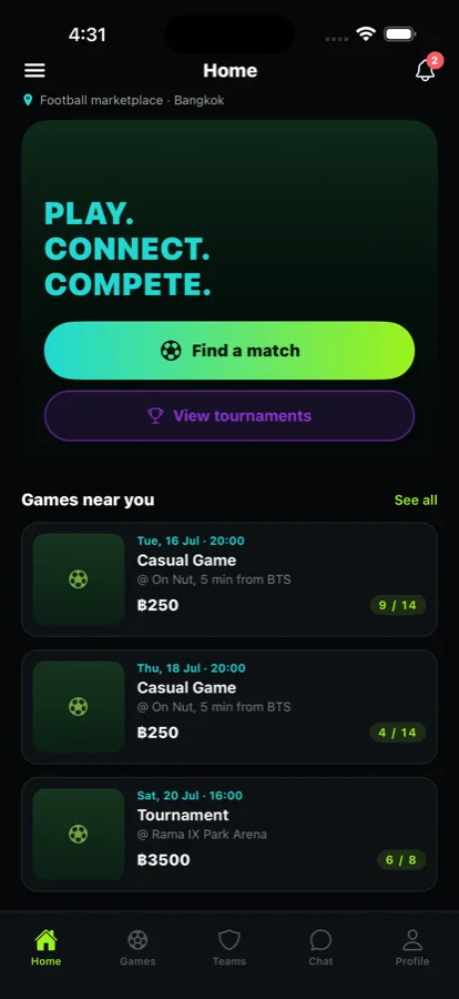 MatchUp — Fußballplätze und Spiele in Bangkok buchen, Teams zusammenstellen.